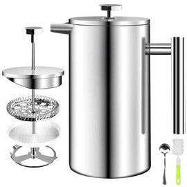Prensa Francesa de Acero Inoxidable de 350ML,Cafetera Francesa Portatil con 2 Filtros,1 Cuchara y 1 Cepillo,French Press de Doble Pared,Cafetera y... 