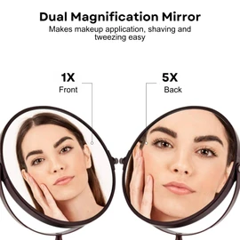 OVENTE 7'' Tabletop Makeup Mirror with 1X/5X Magnification, 360° Swivel Design and Double-Sided Free-Standing Vanity Mirror Perfect for Dresser, Bedroom and Office Desk, Antique Bronze MNLDT70ABZ1X5X