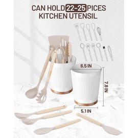 LYNG Utensil Holder For Kitchen Counter, 360° Rotating Melamine Kitchen Utensil Organizer, 7.6″ Large Cooking Utensil Holder With Non-Slip Acacia Wood Bottom, Farmhouse Kitchen Decor White