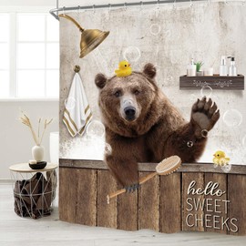 Miyotaa Funny Bear Shower Curtain Set 60Wx71H Inches Bathroom Farmhouse Rustic Hilarious Animal Sweet Cheeks Country Vintage Waterproof Bathroom Curtain with 12 Hooks