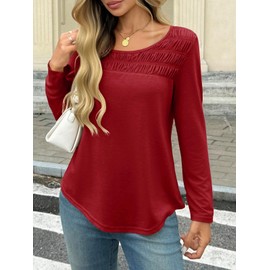 Tankaneo Womens Smocked Long Sleeve Shirts Casual Crew Neck Curved Hem Tunic Tops Loose Fit Basic Tee Burgundy
