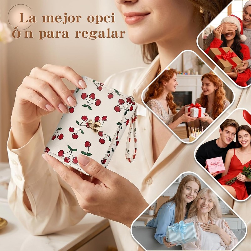 Cartera para Mujer Pequeña Bifold Compacta con Cremallera,Cereza