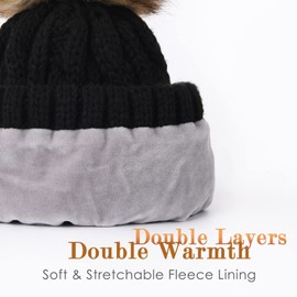 FURTALK Winter Hat Women Fleece Lined Beanie Hat Detachable Pom Pom Hat Warm Bobble Hat Double Layer Thermal Hat Black