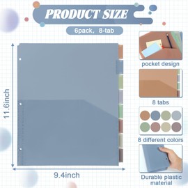 48 Pcs/6 Sets 8 Tab Binder Dividers with Pockets Plastic Tabs Dividers for 3 Ring Binder with Pockets Colorful Sturdy Subject Notebook Dividers for Office School Home Business Organizer (Boho)