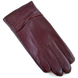 RJM Ladies Lined Brown Burgundy Sheepskin Leather Gloves With Bow S/M