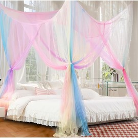 Curtains Bed Canopy Rainbow Mosquito Net for Bed Canopy Four Corner Post Elegant Mosquito Net Set, Stick Hook &Profession Rope for net, Screen Netting Canopy Curtains, Full/Queen/King