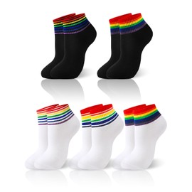 BOARDFEB 5 Pairs Striped Rainbow Athletic Cotton Novelty Ankle Socks Crew Sock Rainbow Pride Cotton Novelty Sock for Men and Women