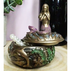 Ebros Beautiful Mermaid Tefiti Praying Round Jewelry Box Figurine 3.25"H Small Nautical Starfish Coral Decorative Trinket Keepsake