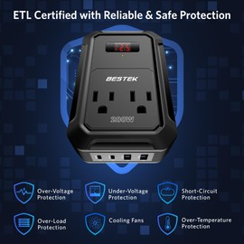 BESTEK - Inversor de corriente para automóvil de 200 W, convertidor de CC de 12 V a 110 V CA con 2 USB-C (30 W) y 2 USB-QC (18 W) - Adaptador de cargador rápido de coche con visualización LCD,