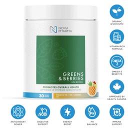 Nova Pharma Greens & Berries - 100% Organic Greens Superfood Powder, Rich Vitamins, Fiber, Omega-3 Fatty Acids, Boosts Immune System, Detoxifies Digestive System - Lactose-Free, GMO-Free - 30 Servings