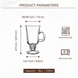 Set of 6 Irish Coffee Mugs, 8 Oz Glass Footed Espresso Cups with Handles, Clear Goblet Mugs Glasses for Coffee, Latte, Cappuccino, Smoothie, Hot Cold Beverages