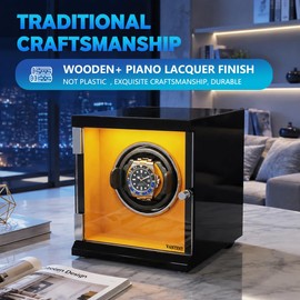 VANTENT Watch Winder for Automatic Watches with LED Lighting，Shining Finishing and Quiet Motor/1 Watch Position/Brown