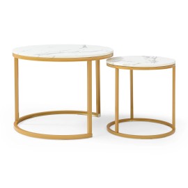 Set 2 Nesting Coffee Table White Gray Top Golden Frame Circular Marble Pattern MDF Eco-Friendly Living Room Bedroom Apartmentsize: 63*63*70CM