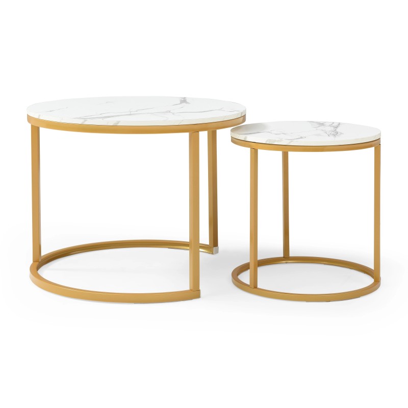Set 2 Nesting Coffee Table White Gray Top Golden Frame
