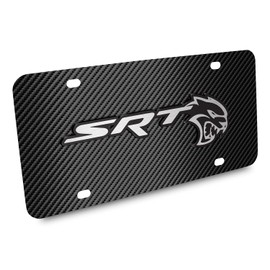 iPick Image for Dodge SRT Hellcat 3D Logo Black Carbon Fiber Patten Steel License Plate for Decorative