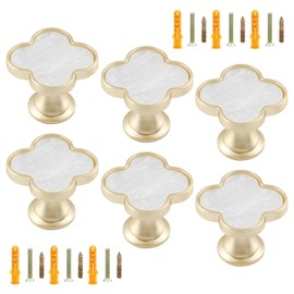 Uenhoy 6 Pcs Clover Drawer Knobs Decorative 4-Leaf Clover Cabinet Knobs Gold Knob Pulls Modern Single Hole Door Handles for Dresser Wardrobe Cupboard, White