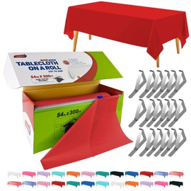 TRIMENGO 54in x 300Ft Red Plastic Table Cloth Roll with 18 Pcs Stainless Steel Clips, Disposable Table Cover Roll in A Cut-to-Size Box with Slide Cutter, Tablecloth for Rectangle Table for Parties
