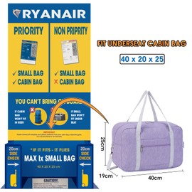 for Ryanair Airlines Underseat Cabin Bag 40X20X25 Foldable Travel Duffel Bag Holdall Tote Carry on Luggage Overnight for Women and Men 20L (Purple (with Shoulder Strap))