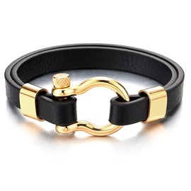 COOLSTEELANDBEYOND Mens Womens Steel Gold Color Screw Anchor Shackles Two-row Black Leather Bracelet, Nautical Sailor