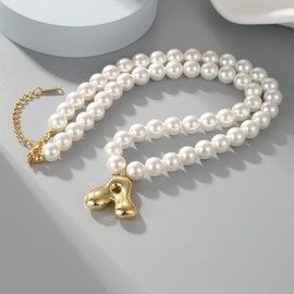 Bubble Initial Pearl Necklace Gold Freshwater Pearl Initial Necklace for Women Customized Women'S Name Pendant Big Letter Bubble Pendant Gold Bubble Letter Jewelry Mother'S Day Gift for Women, 18inchs