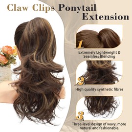 MOCA HAIR Ponytail Extension,Brown Mixed Blonde 18 Inch Claw Clip Ponytail Extension, Soft Wavy Curly Clip on Ponytails for Women Heat Resistant Synthetic Hairpiece for Daily Use