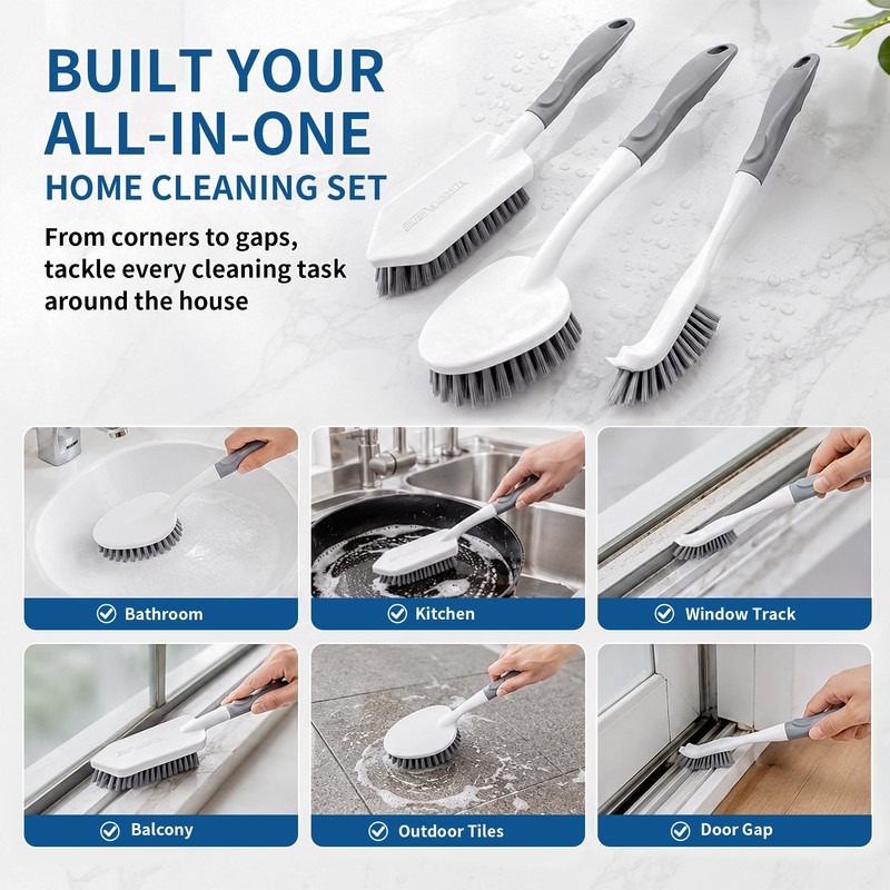 3 Pack Heavy Duty Scrub Brush Set, Curved Corner Brush