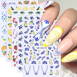 5Sheets Fruit Nail Art Stickers 3D Bohemia Fruit Design Nail Decals Self-Adhesive Flower Pattern Totem Lemon Nail Sticker Summer Strawberry Blueberry Nail Decal for Women DIY Nails Decoration Supplies