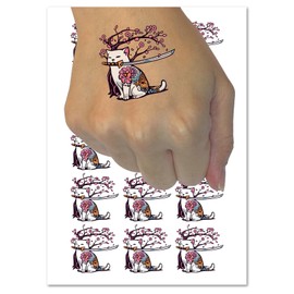 Samurai Cat Under Sakura Cherry Blossom Temporary Tattoo Water Resistant Fake Body Art Set Collection - 54 1" Tattoos (1 Sheet)