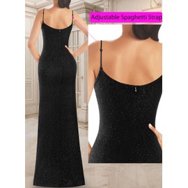 VFSHOW Womens 2025 Shiny Sparkly Beaded Formal Prom Maxi Dresses Ruched High Slit Spaghetti Strap Sweetheart Neckline Bodycon Evening Gown Dress (Black, XX-Large) 12105 BLK XXL