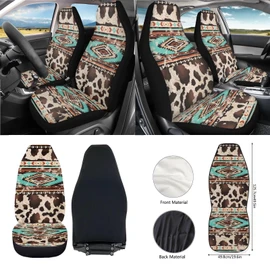 Wanyint Aztec Cow Print Brown Teal 12 Pcs Front Car Seat Cover Set with Bucket Seat Cover Steering Wheel Cover Seat Belt Pad Armrest Cover Coaster Trash Bag Air Vent Bag Rearview Mirror Cover Keychain
