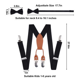 Topbuti Kids Boys Suspenders Bowtie Sets Adjustable Suspenders and Pre-tied Bow Tie with 4 Strong Metal Clips for Boys Girls, Black, One Size
