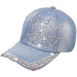 Rhinestone Denim Baseball Cap for Women Fashion Sun Hat Metal Buckle Adjustable Bling Diamond Traveling Hat (US, Alpha, One Size, BlueCobweb)