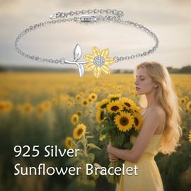 POPLYKE Sunflower Bracelet 925 Sterling Silver You Are My Sunshine Adjustable Link Bracelet Jewellery for Women 7+2"