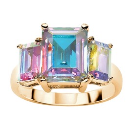 PalmBeach Sterling Silver or 14K Yellow GoldPlated Emerald Cut Aurora Borealis Cubic Zirconia 3 Stone Ring Size 8, Metal, Cubic Zirconia