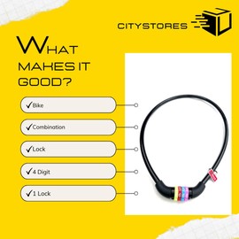 Citystores® Combination Steel Black Bike Lock for BMX & Mountain Bikes Heavy-Duty Cable Lock for Bicycles, Scooters, & E-Scooters 4-Digit Anti-Theft Code Lock