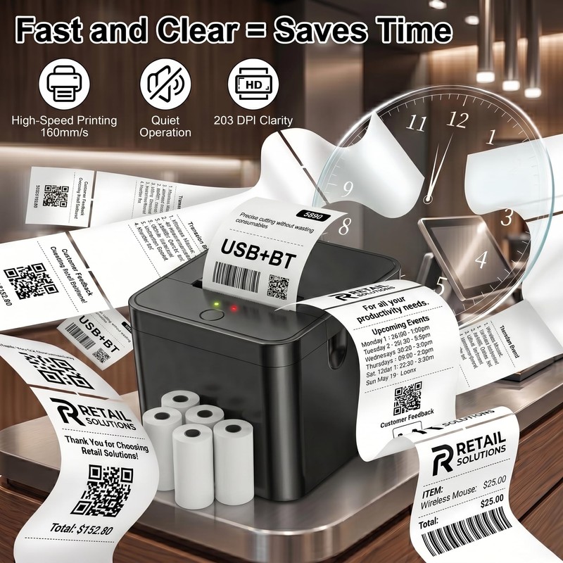 Qigreesol 58mm Portable Thermal Printer with 5 Rolls, POS Receipt