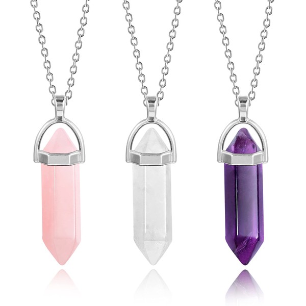 ALEXCRAFT Set of 3 Rose Quartz Crystal Necklace, Amethyst Pendant, Gemstone Chain Set, Crystal Necklace for Jewellery Making, Crystal Stainless Steel, Quartz Amethyst