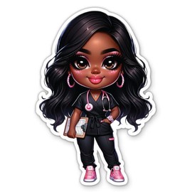 African American Nurse Sticker - 5" Laptop Sticker - Waterproof Vinyl for Car, Phone, Water Bottle - Cute Chibi Cartoon Black Nurse Decal