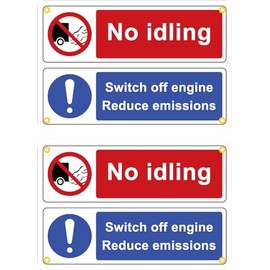 No idling, Switch off engine, Reduce emissions - Pack of 2no. 300mm x 200mm plastic signs with rounded corners & eyelets