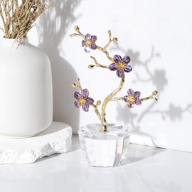 Movdyka Crystal Purple Cherry Blossom Figurines Golden Stem Flower Gifts for Women Mum, Floral Keepsake Ornaments for Living Room Christmas Birthday Present for Her