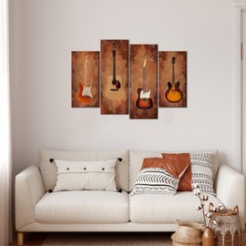 Conipit Vintage Guitar Canvas Rustic Music Wall Art Musical Themed Picture Artwork Brown Abstract Guitar Bass Painting for Home Living Room Bedroom Wall Decor Framed Ready to Hang