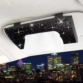 ChuLian Bling Bling Car Visor Tissue Holder Leather Crystals Paper Towel Cover Case & Glitter Sunglasses Clip for Women Black
