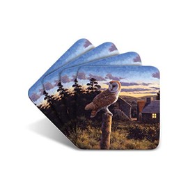 Barn Owl at Dusk Drinks Coasters by Wildlife Artist Julian Friers - Set of 4 Bird Coasters - Non-Slip, Cork Table Coasters