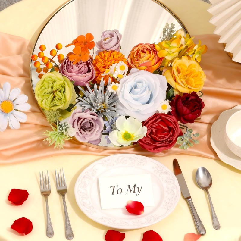 Artificial Flowers Combo Box Set, 38pcs Mix Flowers Dahlia Silk