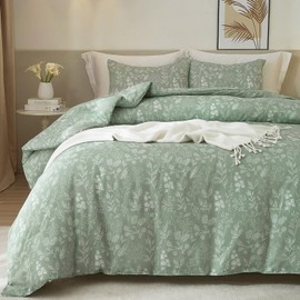 Duvet Cover Queen Size Green Floral Bedding Set Queen Soft Cotton for Girl Garden Style Vintage Floral Comforter Cover with 2 Pillowcases 3 Piece Aesthetic Botanical Queen Bedding Duvet Cover Set