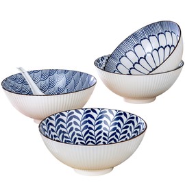 Signature Housewares Blue and White Pattern Ceramic Noodle Ramen Soup Bowl 8pc Set, 4 Bowls and 4 Spoons