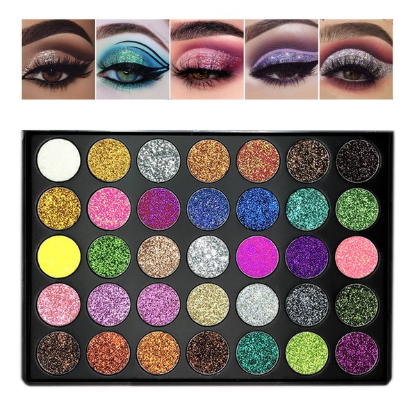 Rechoo 35 Colors Glitter Eyeshadow Palette, Colorful and Bright Color Eye Make-up Palette, Professional Shimmer Eyeshadow Palette Long-lasting Make-up Palette for Daily and Stage Make-up
