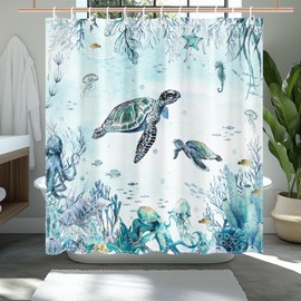 Avezano Sea Turtle Shower Curtain Blue Ocean Turtles Octopus Coral Nautical Biological Bathroom Curtain Waterproof Bathtub Curtain Decor with 12 Hooks 72 X 72 Inches