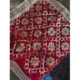 Red Velvet Pooja Altar Cloth Diwali Pooja Cloth Altar Cloth Mat for Puja Table, God Chowki Aasan, Temple, Mandir and Multipurpose Ramayan Rumaal for Covering Holy Books 20 x20 Inch