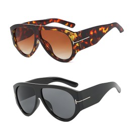 QYVEWY Trendy Oversized Aviator Sunglasses for Women Men Square Thick Frame Large Sun Glasses UV400 Protection, Silver Black/Leopard